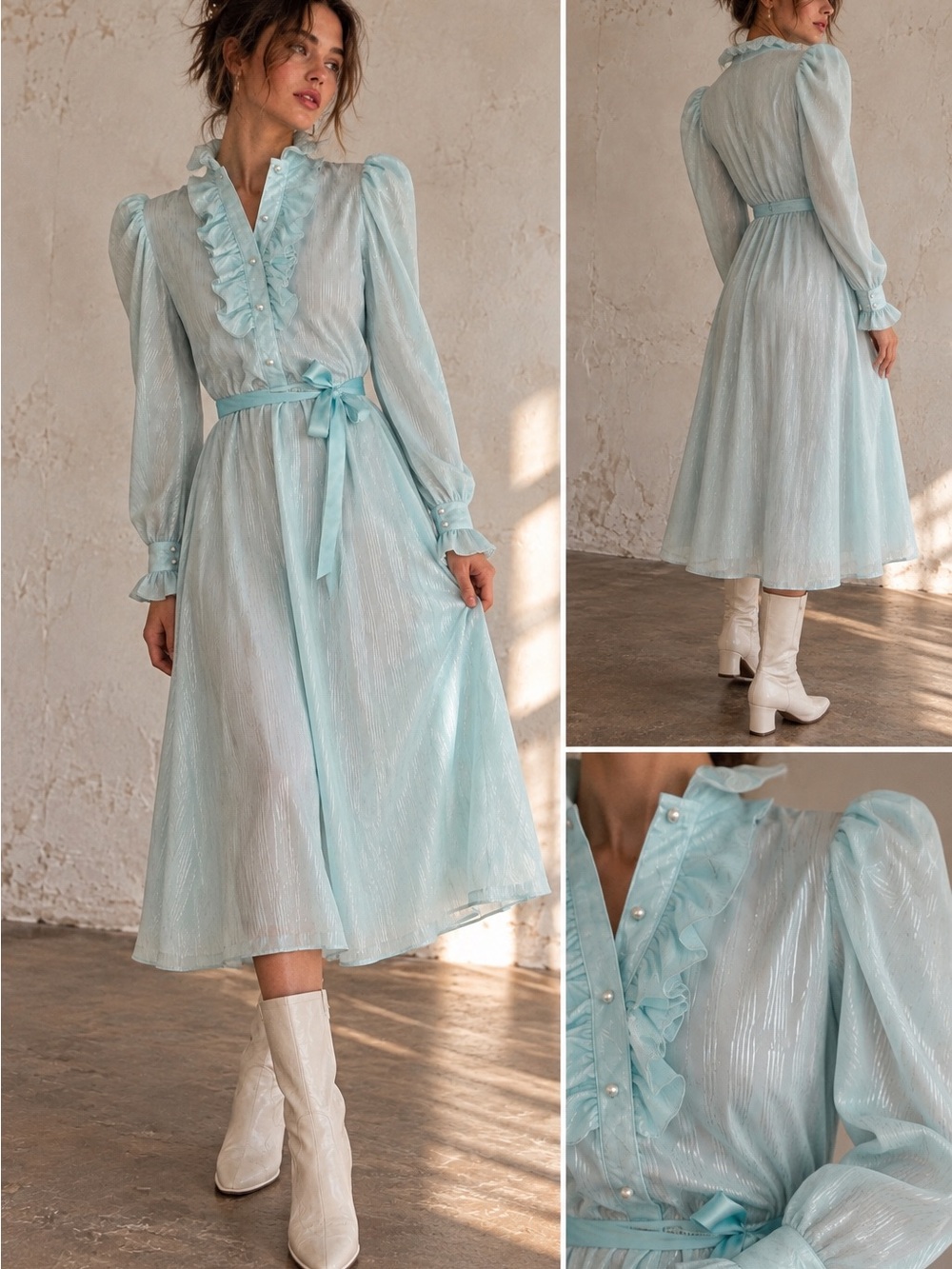 Vintage 80s Aqua Ruffle Prairie Dress XS Puff Sleeve Semi Sheer Romantic Cottage